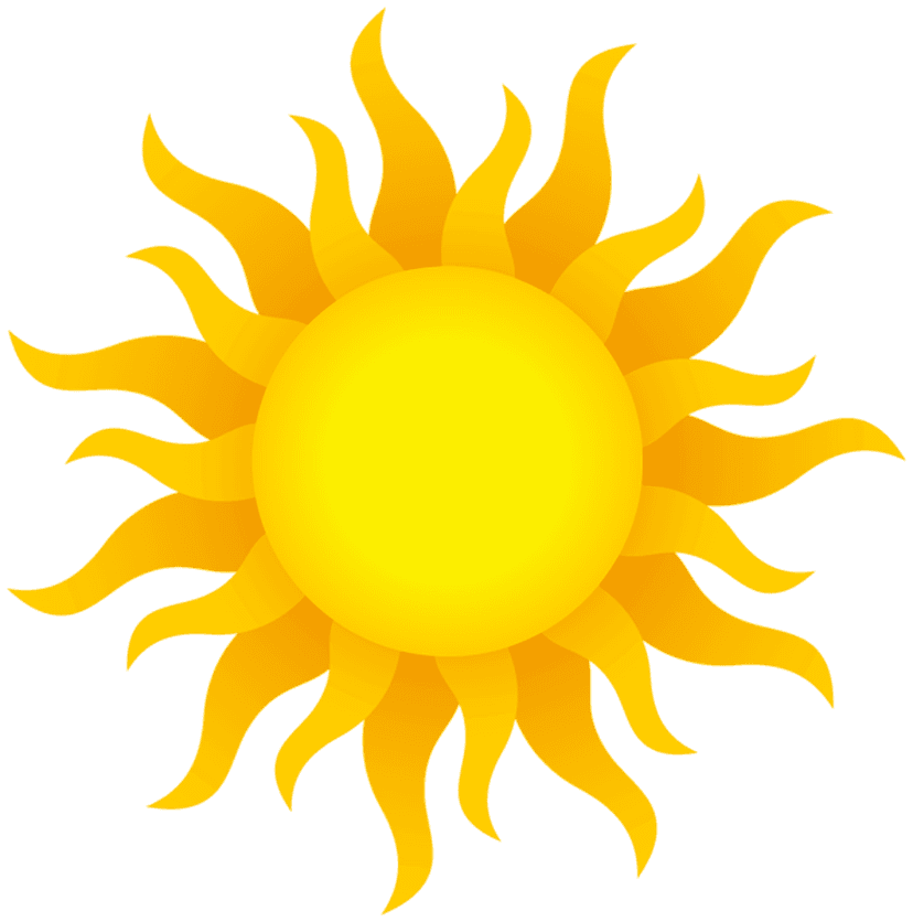 Sun PNG graphic featuring a circular yellow core with sharp radiant rays over a transparent background.