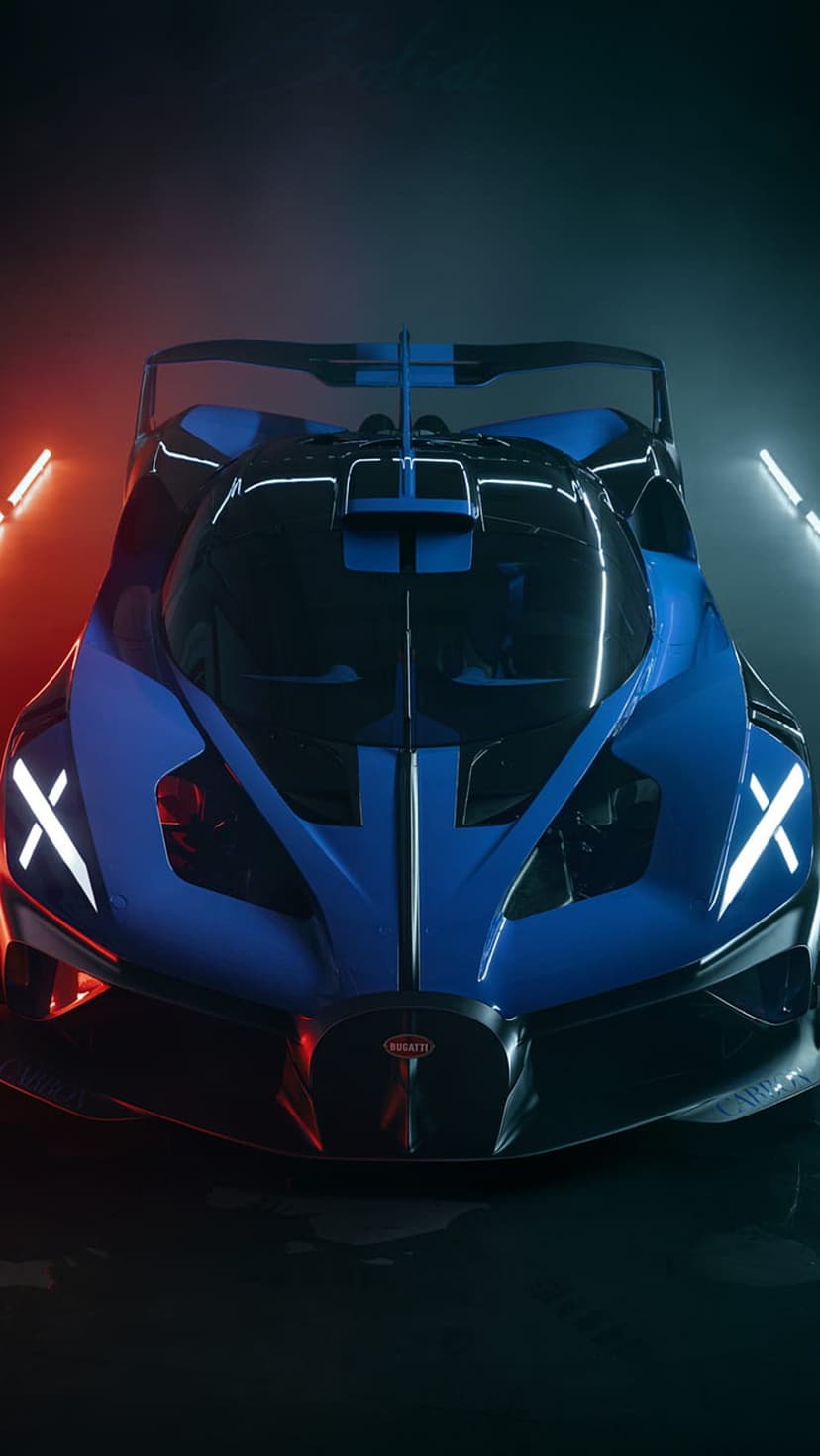 Bugatti Bolide hypercar with a blue exterior and horseshoe grille illuminated by red and white studio lighting.