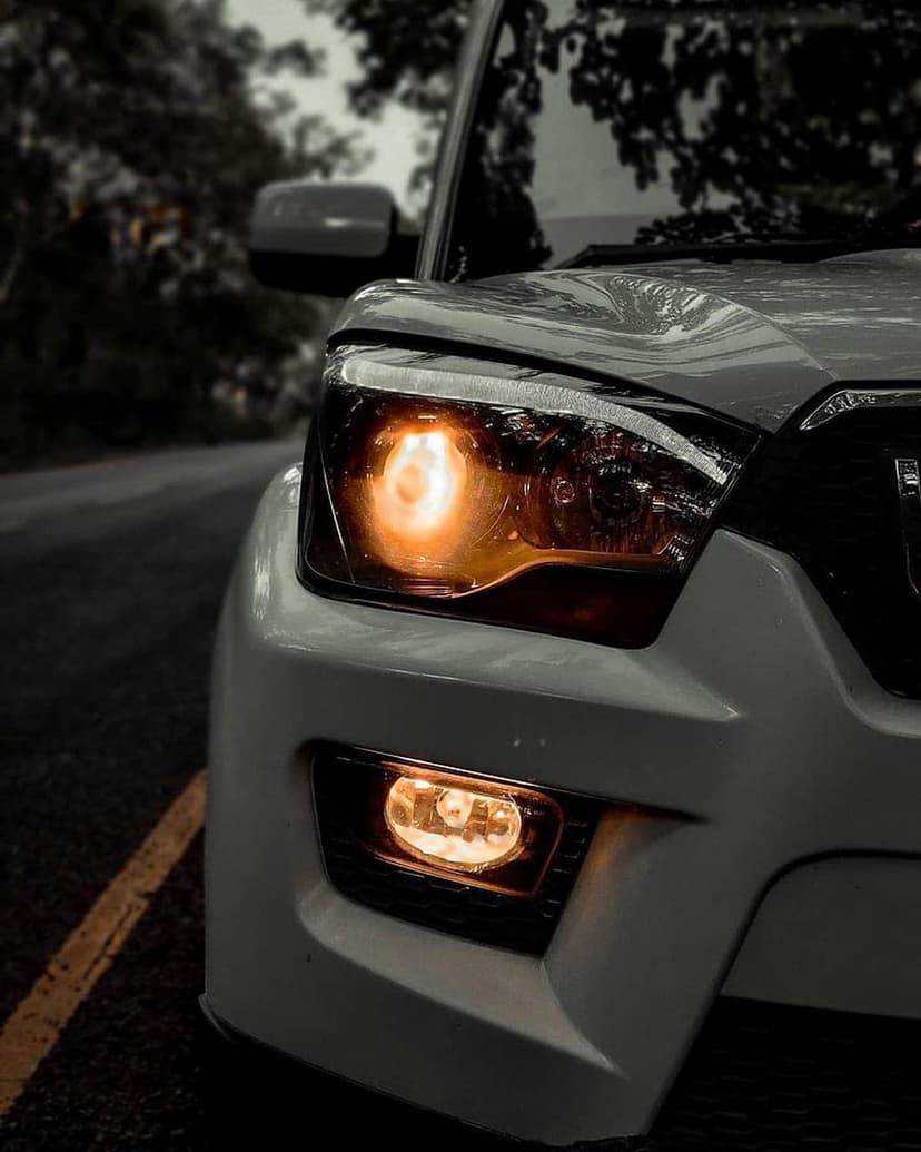 White car headlights and fog lamps glow with warm orange light against a blurred evening forest background.