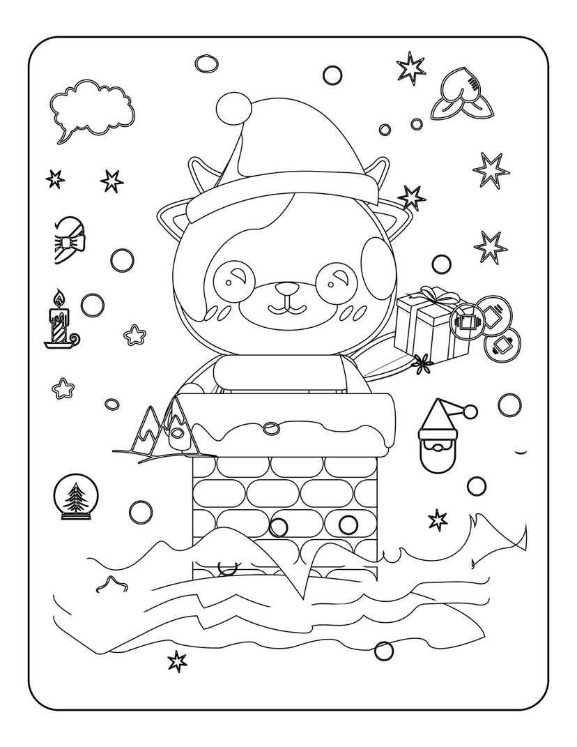 Christmas cat coloring page shows a cat in a chimney with a Santa hat, presents, and a snow globe line art.