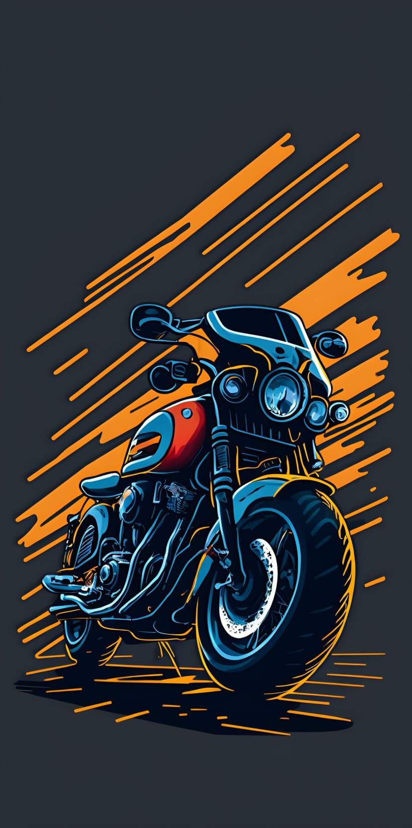 Performance motorcycle with glowing orange light streaks and sharp mechanical details against a dark backdrop.