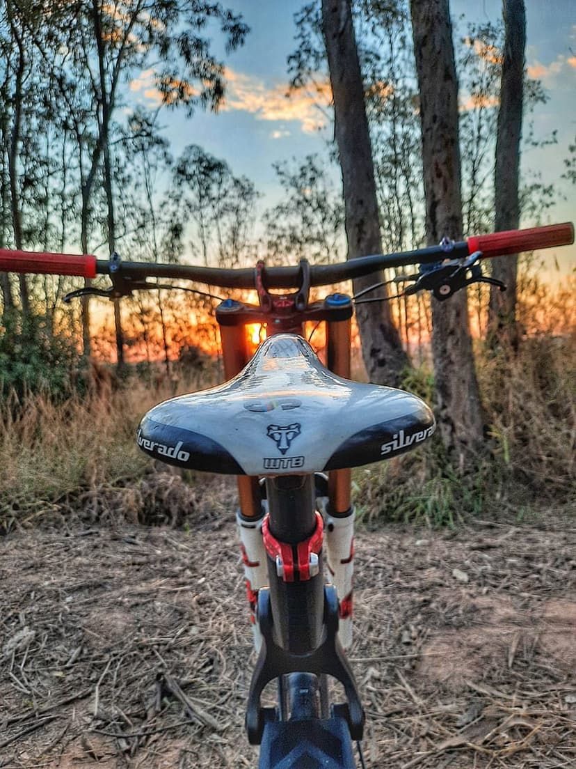 Mountain bike handlebars and saddle silhouetted against a golden forest sunset with warm glowing light rays.