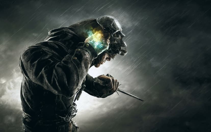 Corvo Attano wearing a skull mask and hooded coat, holding a blade with a glowing mark in the rain.