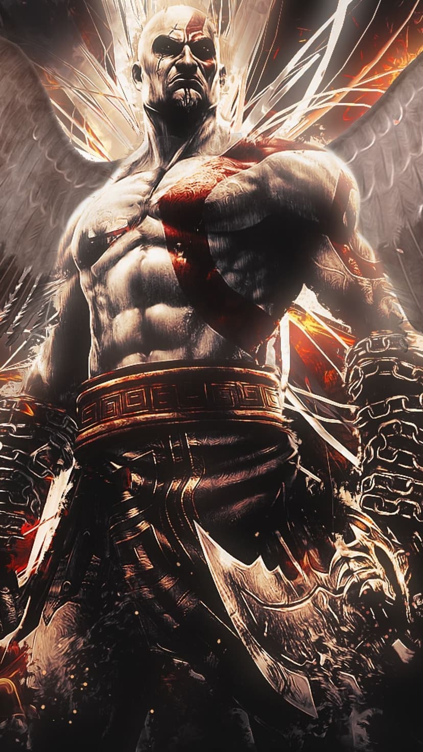 Kratos with white wings and red tattoos holds glowing blades amidst fiery sparks and cinematic lighting.