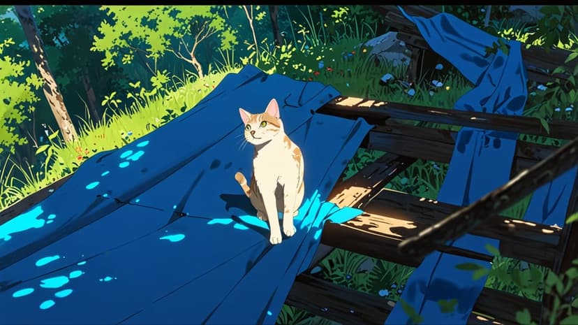 Ginger and white cat sits on a blue tarp among sunlit green trees and foliage in a peaceful outdoor setting.