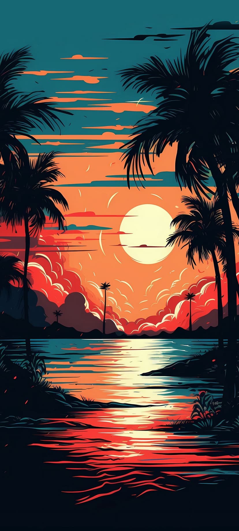 Palm trees silhouette against a fiery orange and pink sky reflecting on calm tropical ocean waves at dusk.