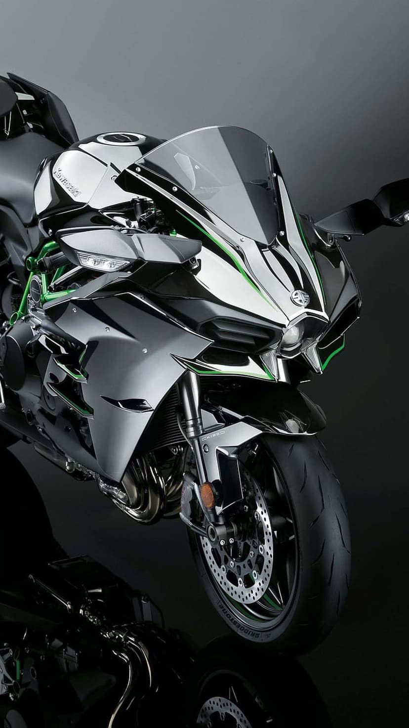 Kawasaki Ninja H2R motorcycle featuring a green trellis frame, carbon fiber winglets, and silver metallic bodywork.