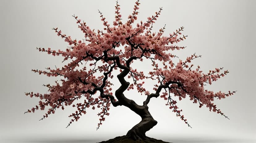 Bonsai cherry blossom tree featuring a twisted trunk and pink flowers against a soft pastel gradient background.