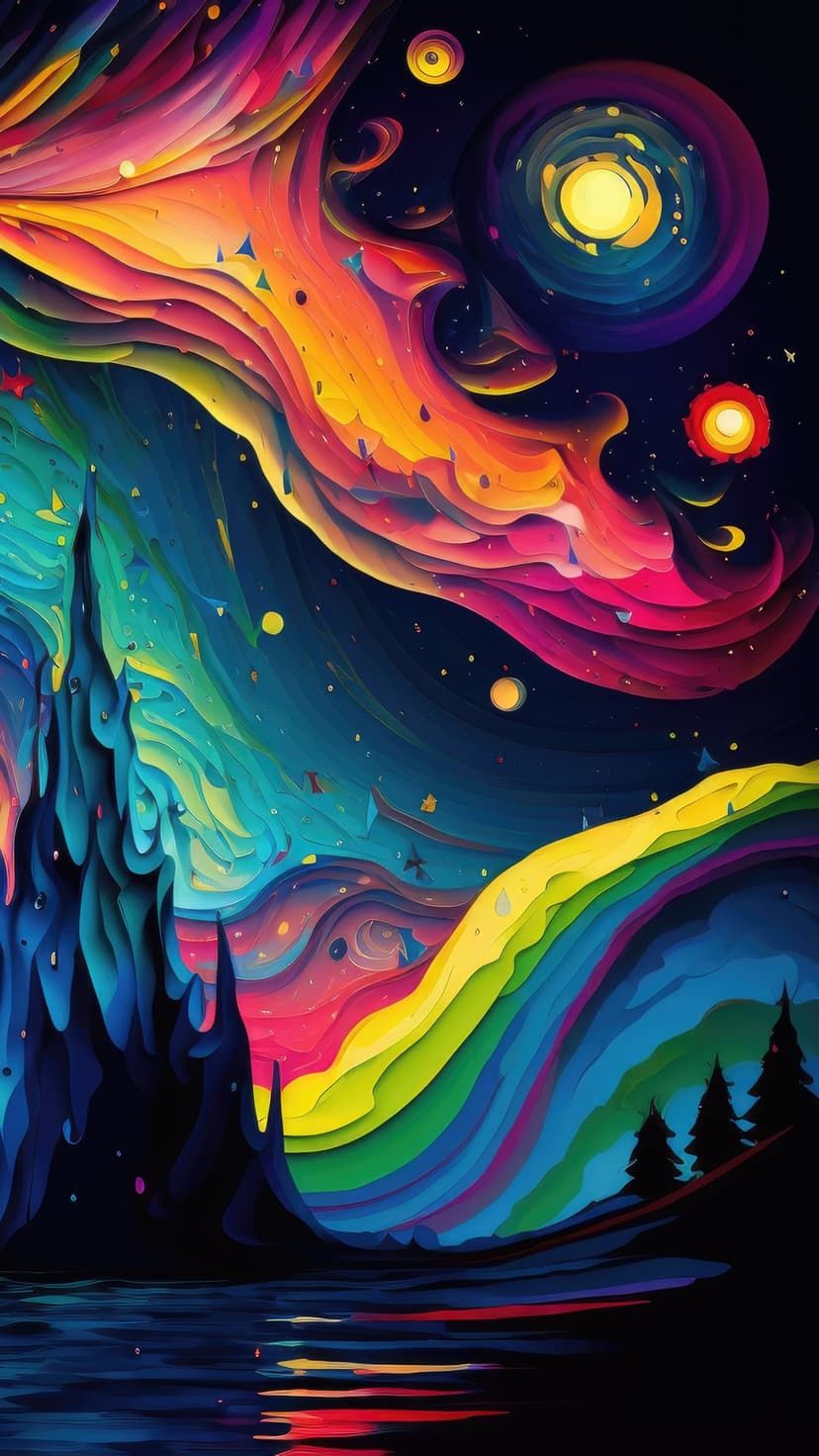 Multicolored nebulae and glowing planets hang over jagged mountain silhouettes reflecting in dark still water.