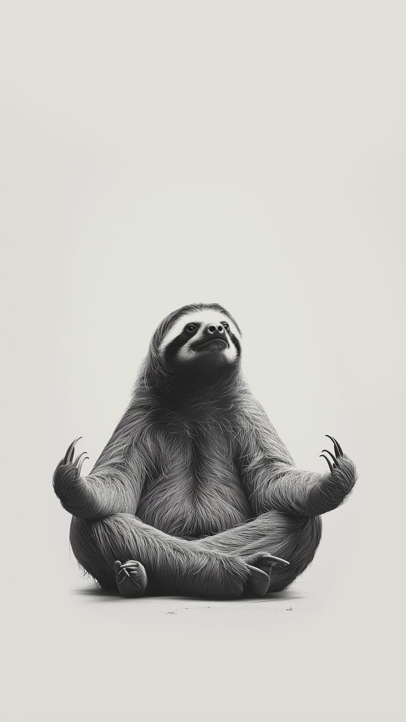 Sloth in a seated yoga pose with closed eyes and fur details visible in a high-contrast black and white style.