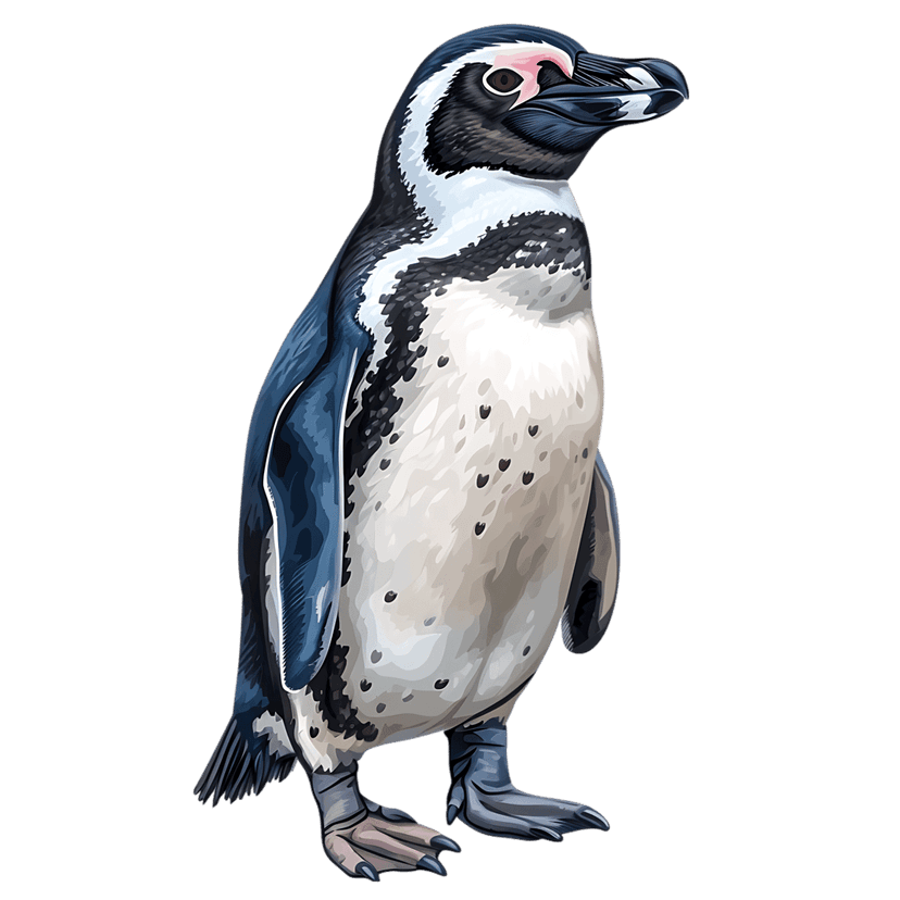 Magellanic penguin illustration showing black neck bands and white dappled chest plumage against black.