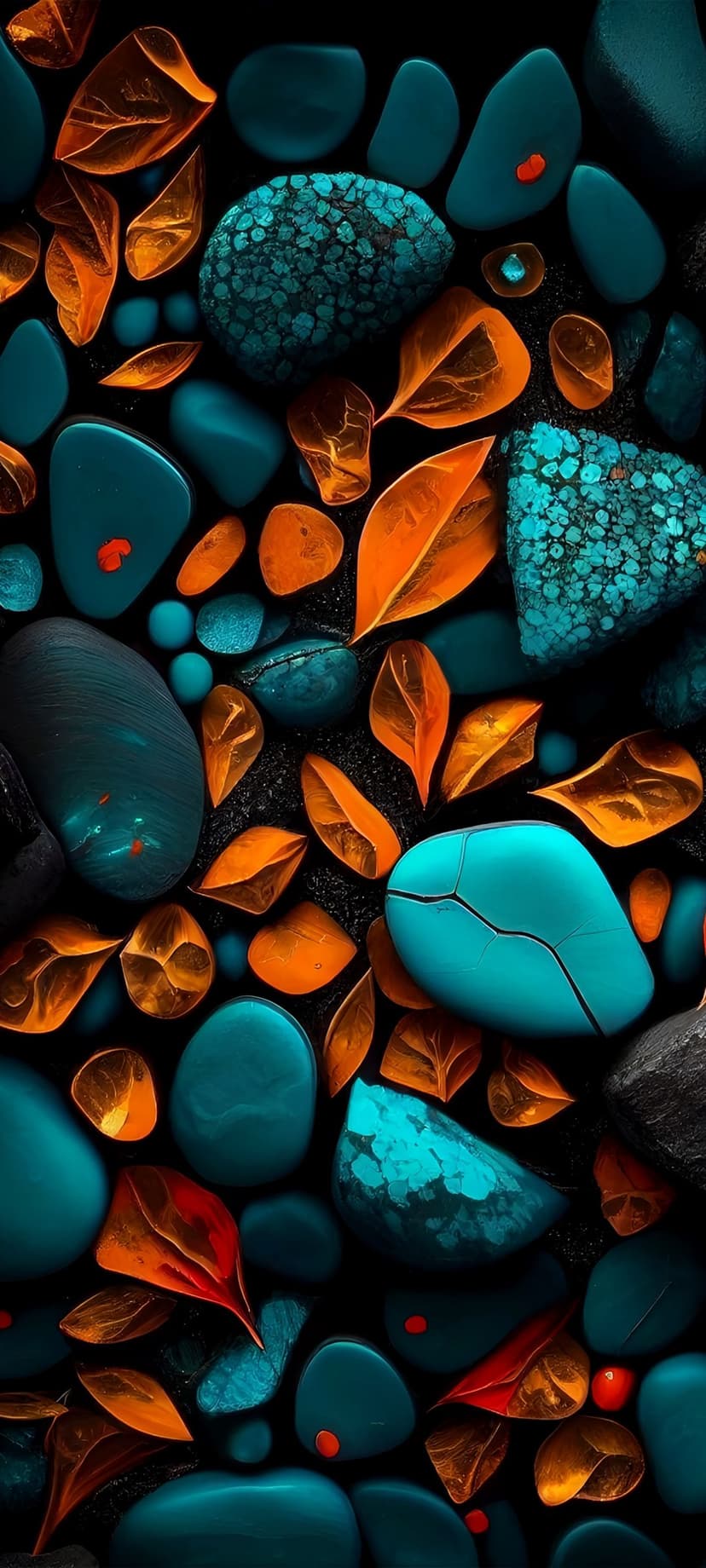 Smooth teal stones and translucent orange leaves rest on a dark textured surface with subtle red accents.
