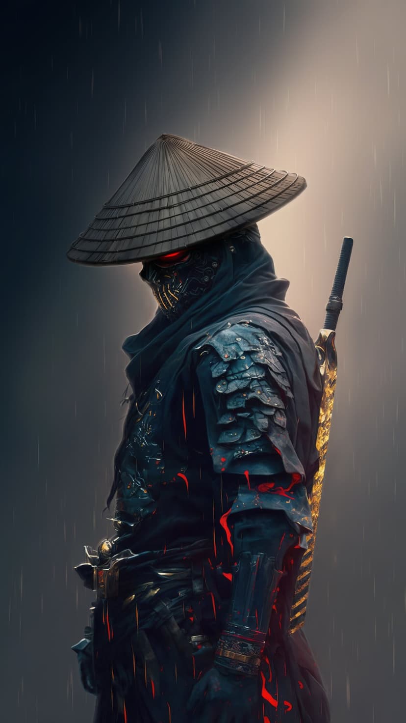 Masked samurai with glowing red eyes wears black armor and a conical hat while heavy rain falls in the dark night.