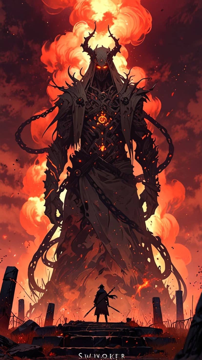 Massive horned fiend towers over a dual-wielding swordsman amidst crumbling ruins and an orange fire storm.