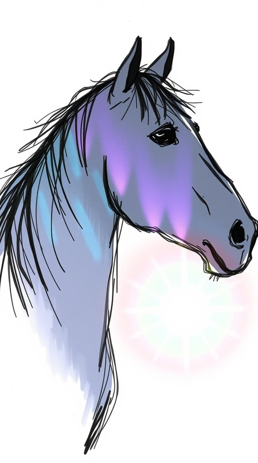 Horse profile with flowing mane features purple and blue aurora hues against a starburst light background.