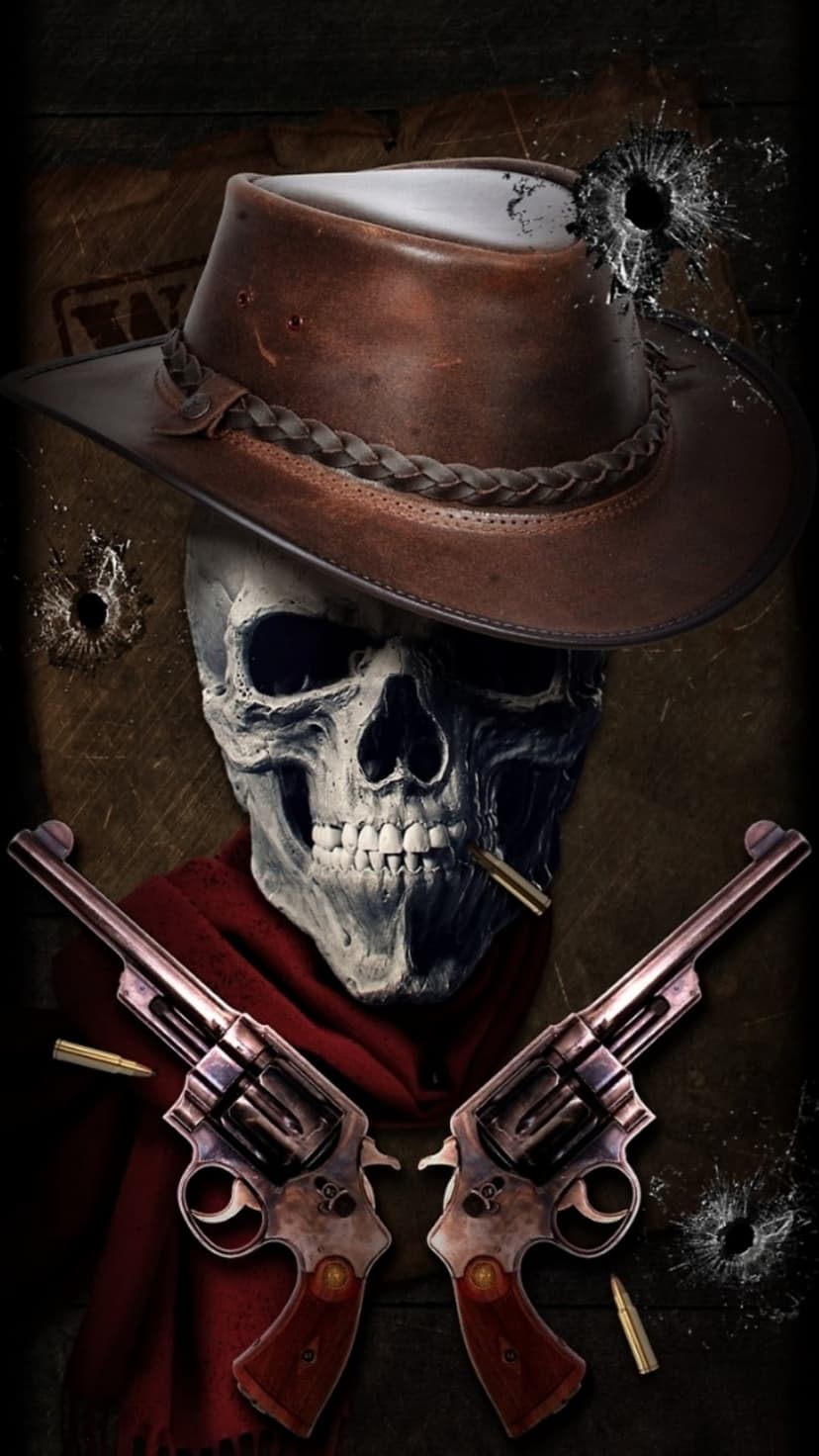 Skeletal outlaw in a wide hat and red bandana flanked by two revolvers amidst scattered bullet holes.