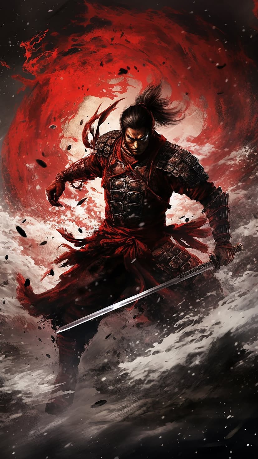 Samurai warrior in red plate armor holds a katana sword amidst swirling crimson smoke and flying debris.