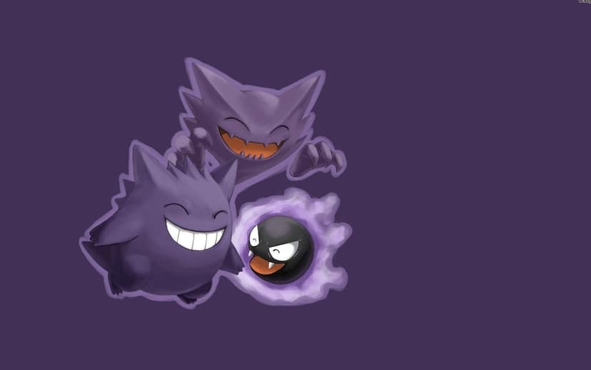 Gengar Haunter and Gastly Pokemon grinning on a dark purple background with soft glows and minimalist style.