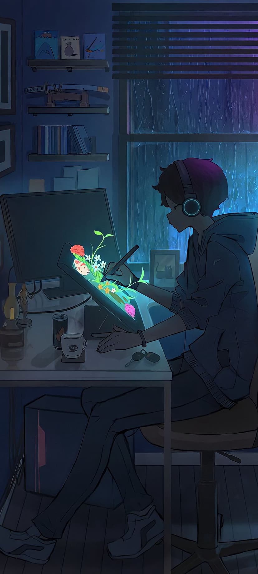 Focused artist in headphones draws neon flowers on a tablet near a rainy window in a moody blue-lit studio.