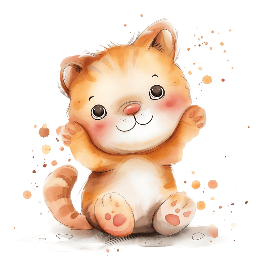 Orange tabby cat watercolor illustration sitting with raised paws and pink cheeks on a white background.
