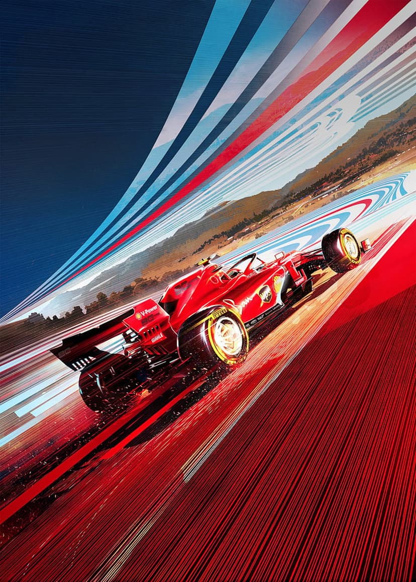 Red Ferrari Formula 1 car racing on a winding track with blurred mountain scenery and colorful abstract lines.