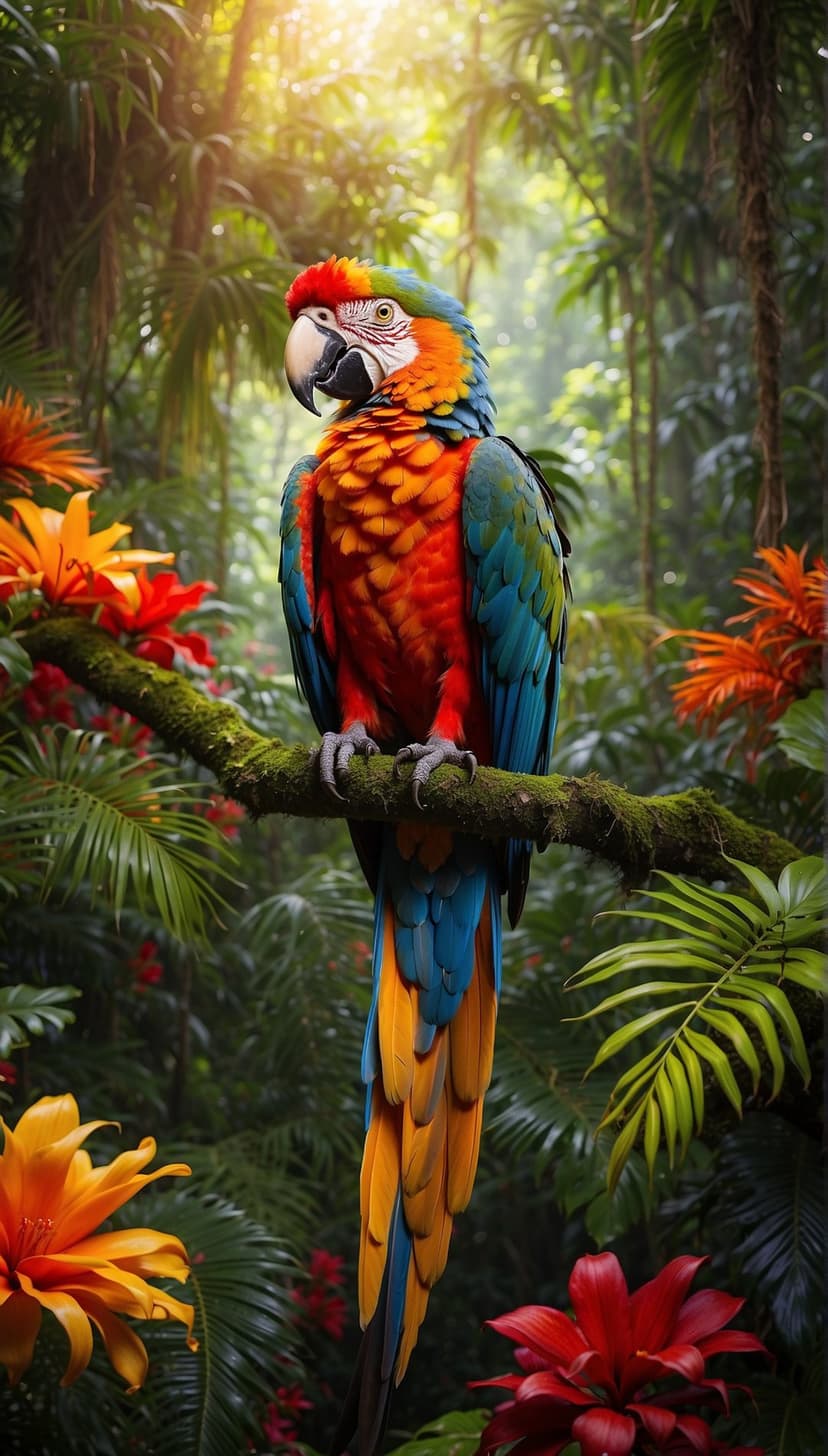 Scarlet Macaw with red and blue feathers perches on a mossy branch amidst sunlit tropical jungle foliage.