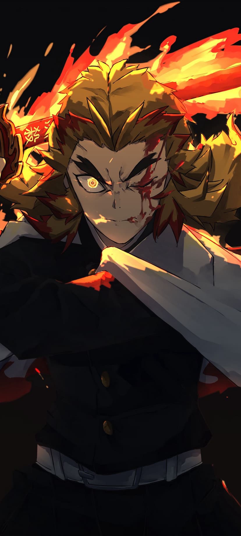Kyojuro Rengoku with a bloody face and glowing sword stands enveloped in swirling orange and yellow flames.