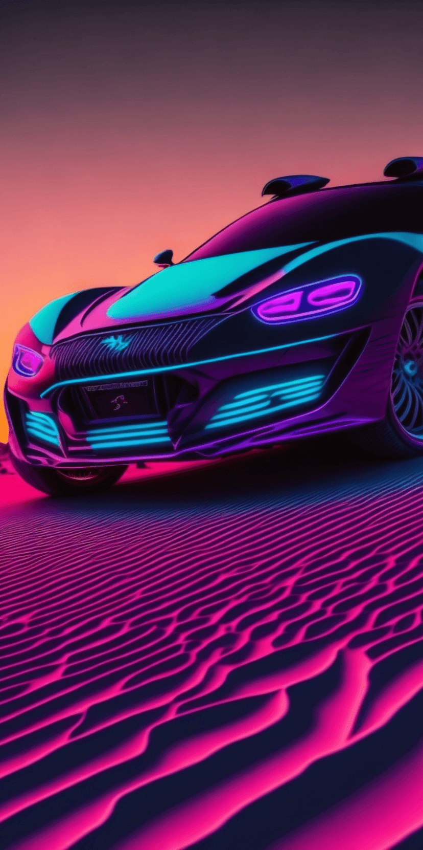 Neon sports car with cyan lights cruises across pink sand dunes under a glowing orange sunset sky.