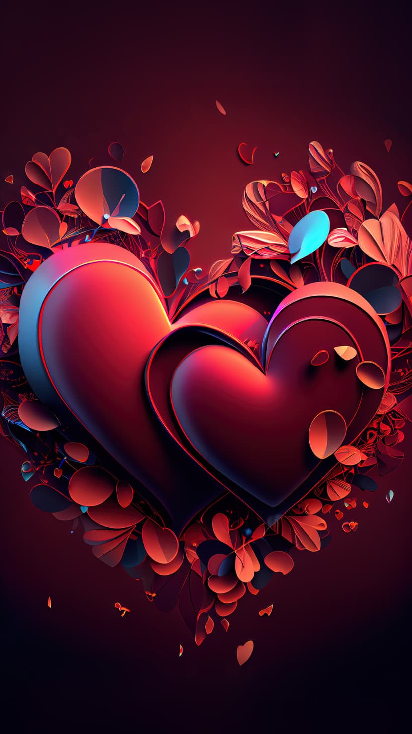 Two intertwined red hearts surrounded by pink flowers and falling petals on a dark crimson background.
