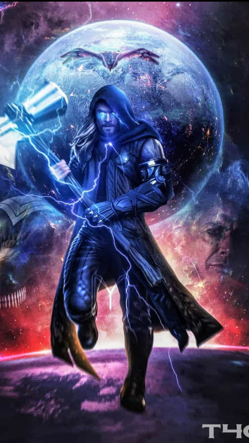 Thor holds a glowing Mjolnir as blue lightning arcs across a dark purple nebula and distant celestial planets.