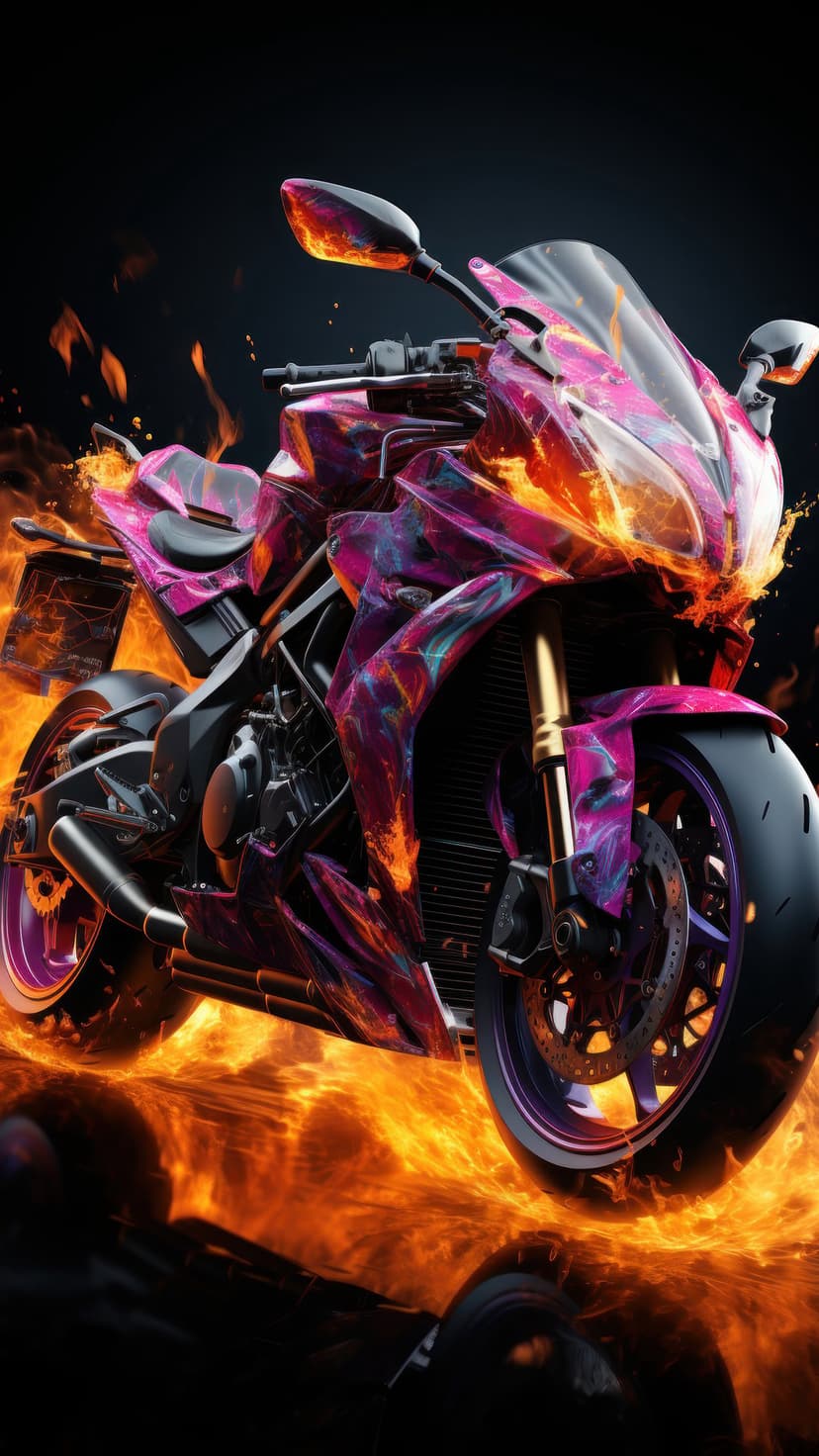 Sportbike with pink and purple accents is surrounded by bright orange and yellow flames against a black backdrop.