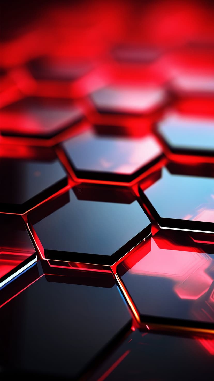 Black glossy hexagons with glowing red edges arranged in a repeating grid pattern with a shallow depth of field.