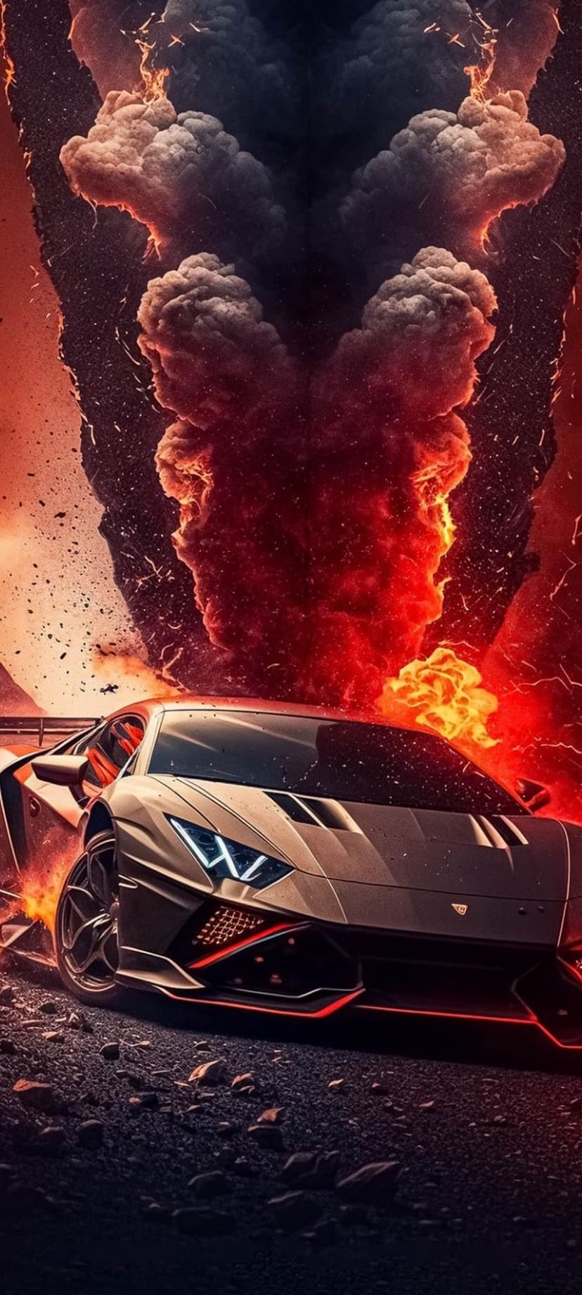 Lamborghini sports car escaping a massive orange fireball and black smoke during a cinematic car chase scene.