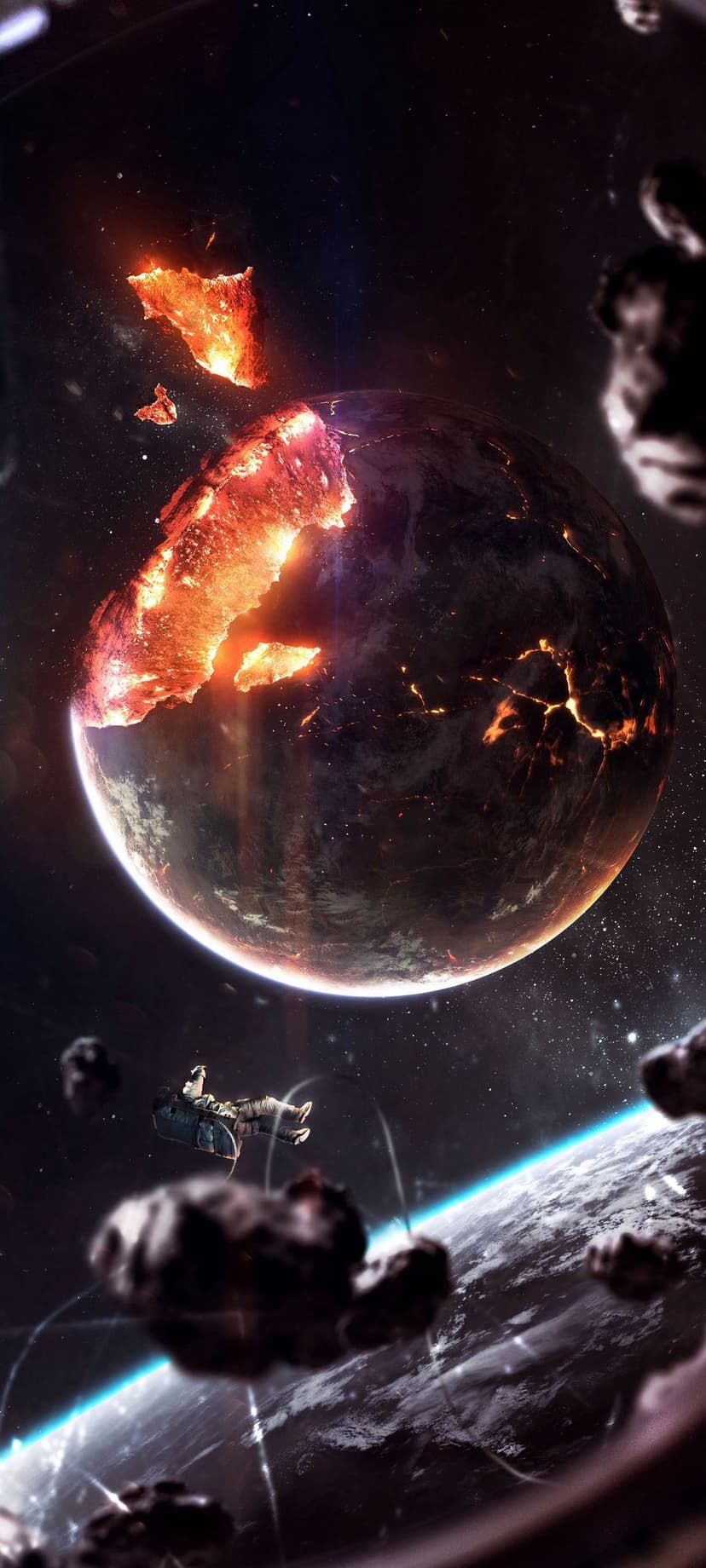 Astronaut drifting near a fractured planet erupting with molten lava and glowing debris in deep space.