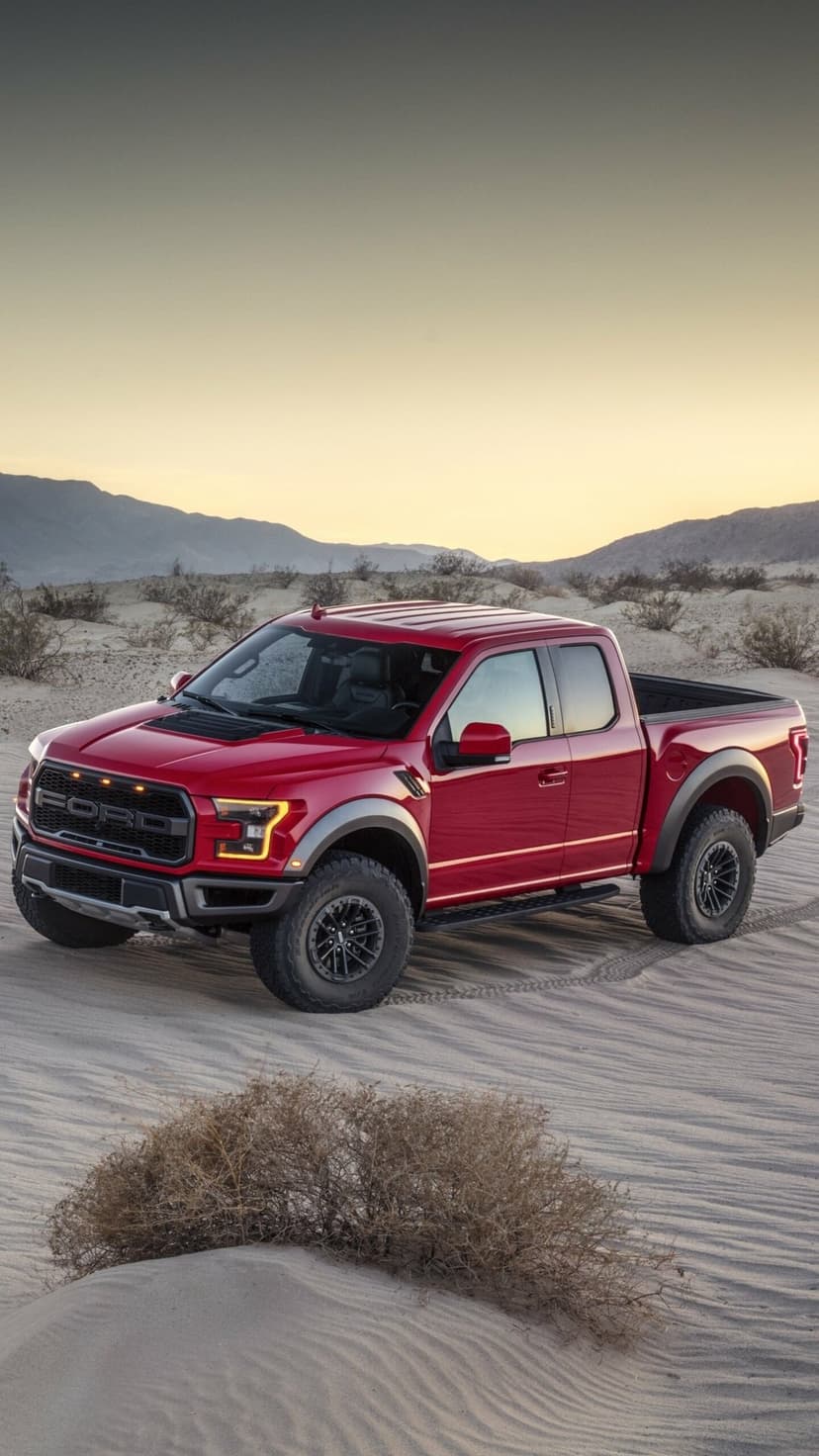 Red Ford Raptor truck on desert sand dunes under a golden sunset sky with distant mountains and dry brush.