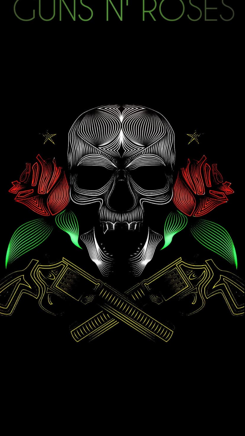 Skull with red roses and crossed revolvers outlined in neon glowing lines over a solid black backdrop.