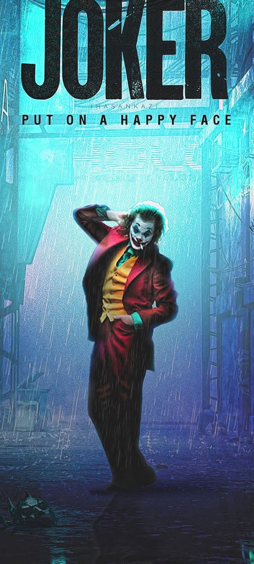 Arthur Fleck in clown makeup standing in rain under blue neon lights on a dark and atmospheric city street.