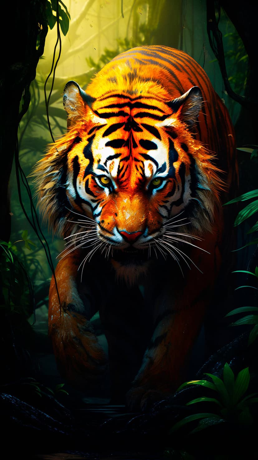 Bengal tiger with intense eyes prowls through dense jungle foliage as sunlight filters through the dark canopy.
