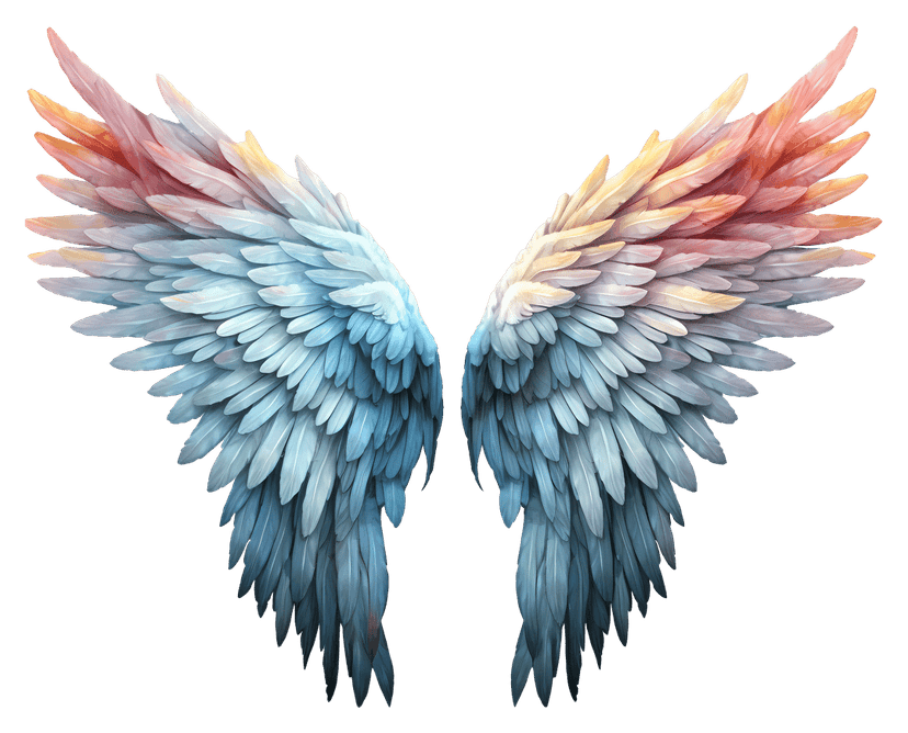Rainbow feathered wings in watercolor style feature a full color spectrum with soft edges and paint splashes.