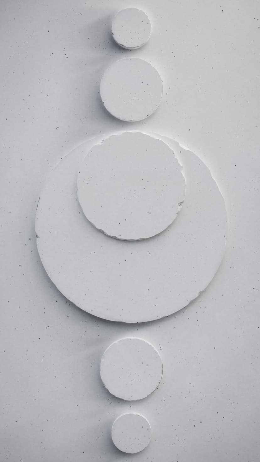 Five varying white circles arranged vertically on a speckled light gray concrete surface with organic edges.