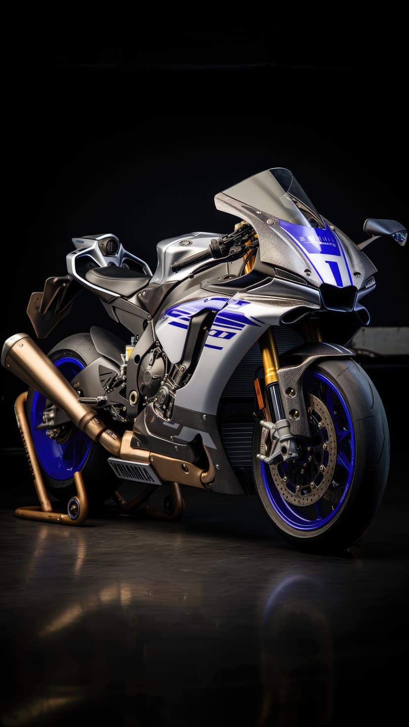 Yamaha R1M superbike with carbon fiber fairings and signature blue wheels displayed in a vertical studio setting.