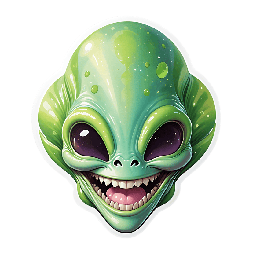 Green alien sticker head features a broad smile with large purple eyes and shiny liquid bubble skin textures.