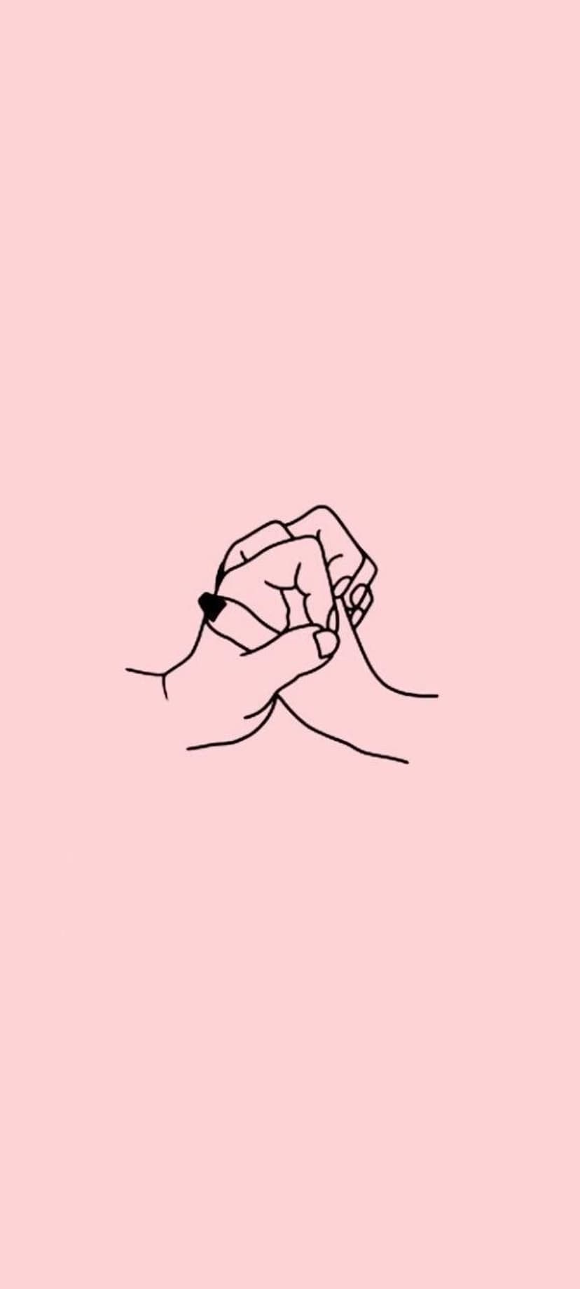 Two hands clasped together in a minimalist black line drawing with a tiny heart on a solid pink background.