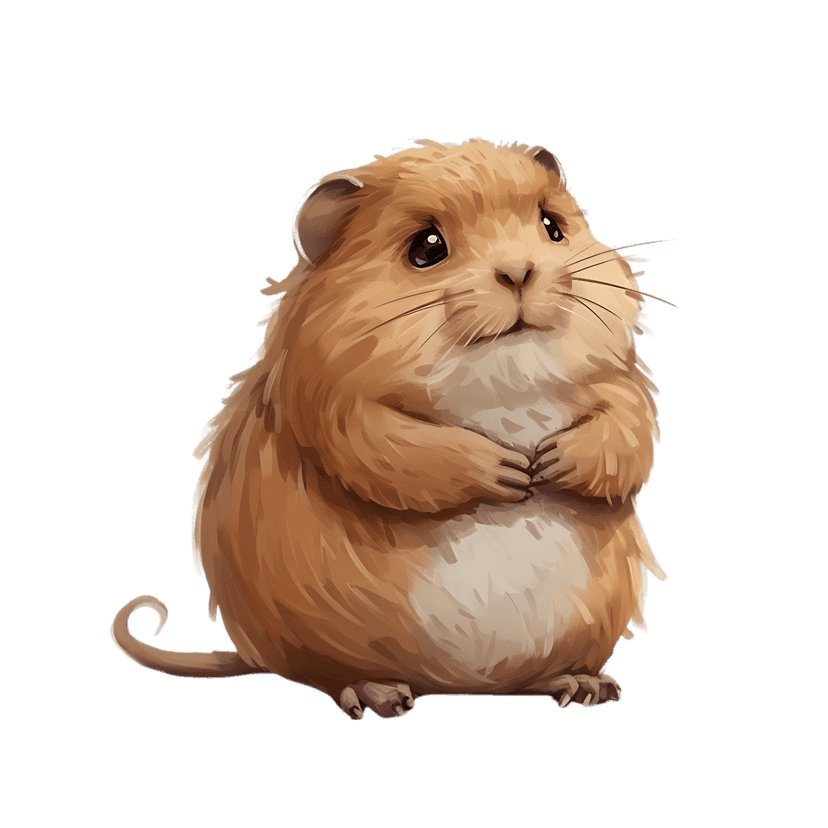 Watercolor hamster illustration sits upright with soft brown fur and dark eyes against a dark background.