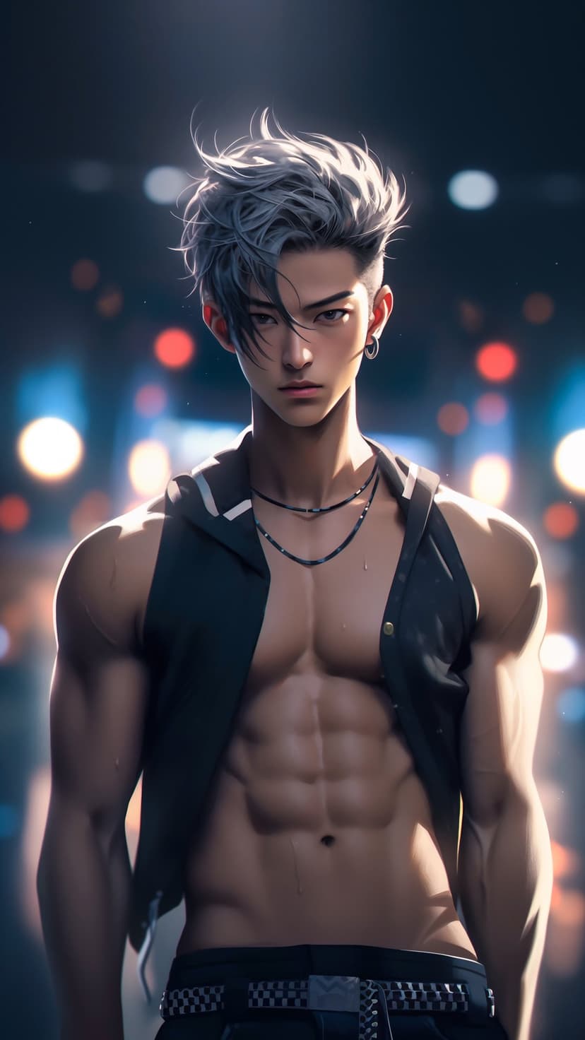 Muscular man with silver spiky hair and defined abs wears a dark vest and necklaces against blurred lights.
