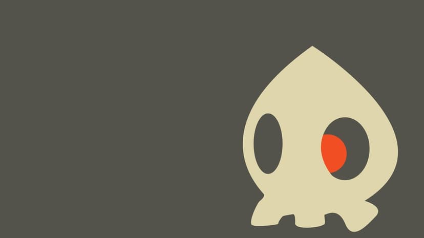 Stylized cream-colored skull with a glowing orange eye on a dark gray background, positioned to the right.