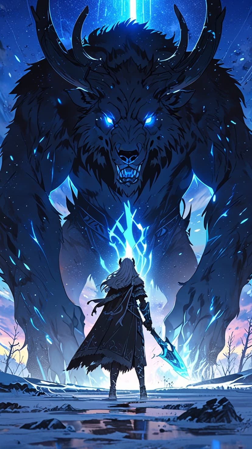 Armored warrior with a glowing blue axe faces a giant horned monster in a dark, snowy mountain landscape.