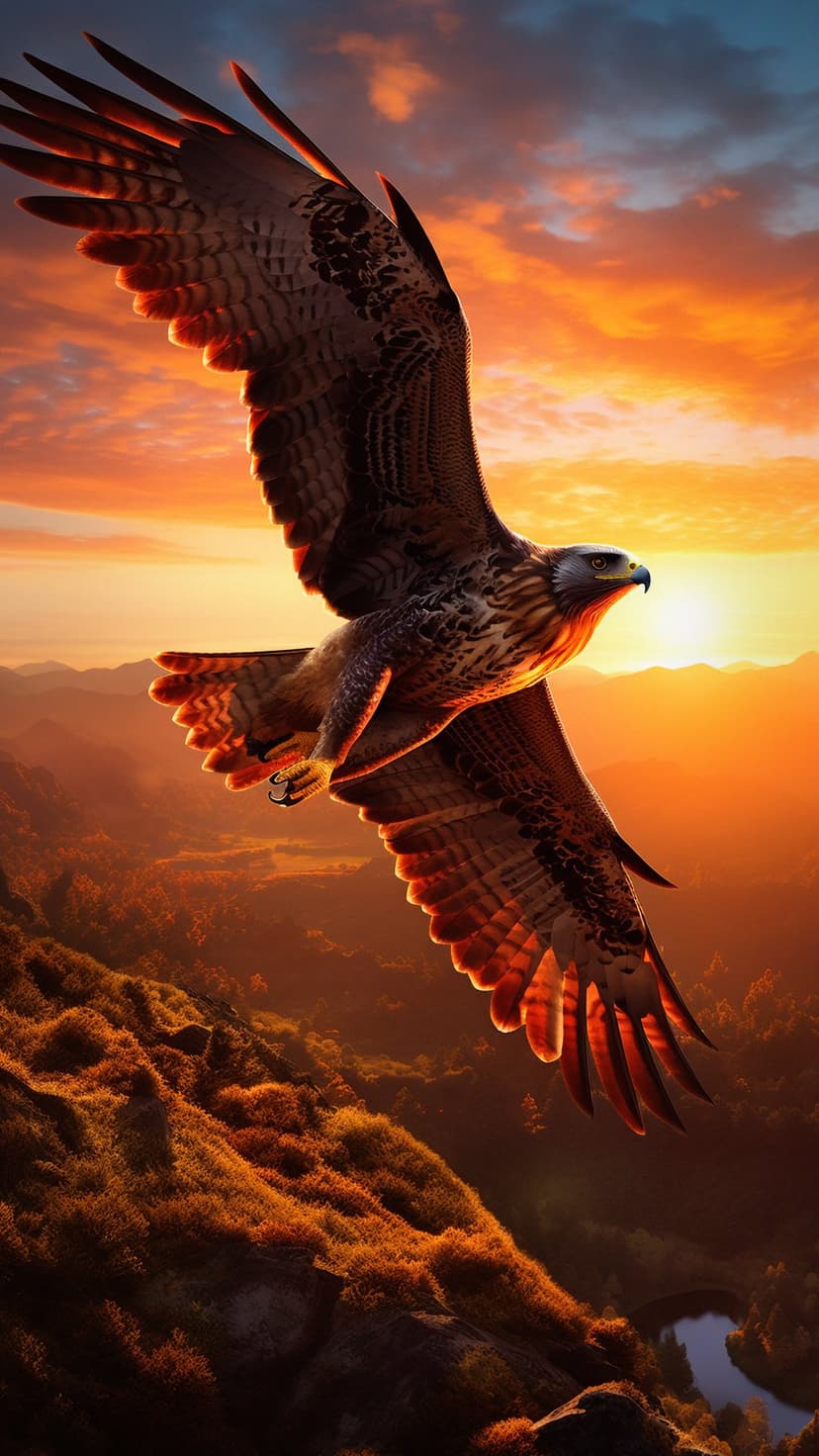 Golden eagle with wide wingspan soaring above a river valley and jagged peaks under a vibrant orange sunset sky.
