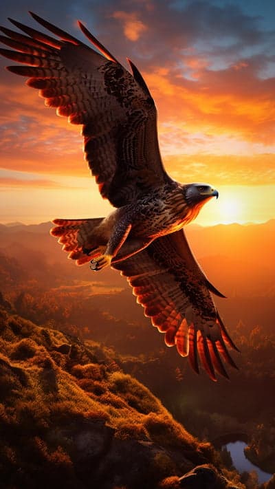Majestic Eagle Soaring Over Mountain Valley at Sunset