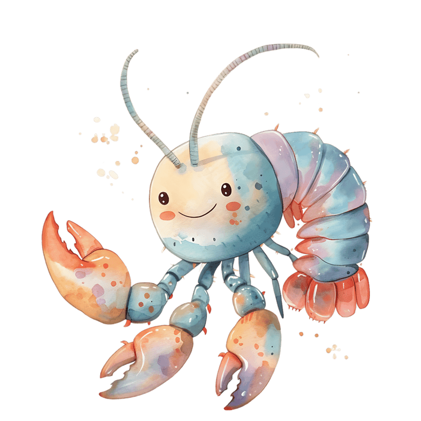 Watercolor lobster character with orange and pink paint splatters sits centered on a solid black background.